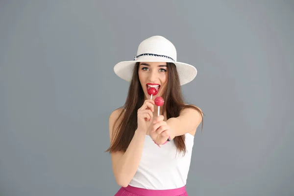 Attractive Young Woman Lollipops Color Background — Stock Photo, Image