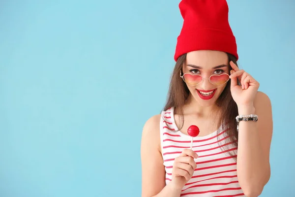 Attractive Young Woman Lollipop Color Background — Stock Photo, Image