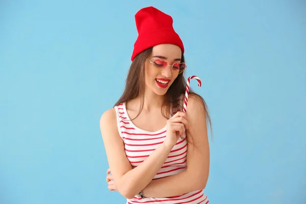 Attractive Young Woman Candy Cane Color Background — Stock Photo, Image