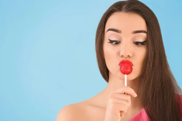 Attractive Young Woman Lollipop Color Background — Stock Photo, Image