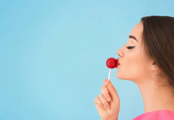 Attractive Young Woman Lollipop Color Background — Stock Photo, Image