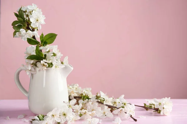 Jug Beautiful Blossoming Branch Table Color Background — Stock Photo, Image