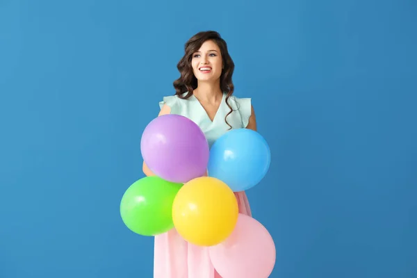 Beautiful Young Woman Balloons Color Background — Stock Photo, Image