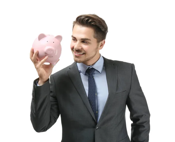 Jonge Zakenman Piggy Bank Holding Witte Achtergrond Spaar Geld Concept — Stockfoto