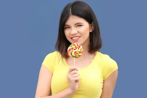 Beautiful Young Woman Lollipop Grey Background — Stock Photo, Image