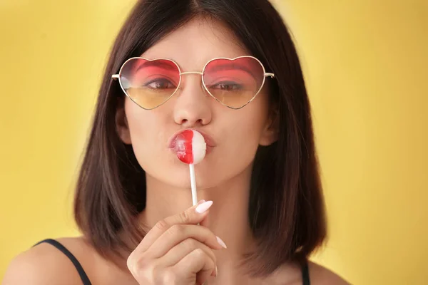 Beautiful Young Woman Lollipop Color Background — Stock Photo, Image