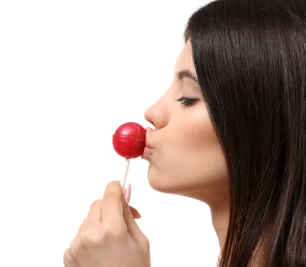 Mujer Joven Con Piruleta Sobre Fondo Blanco —  Fotos de Stock