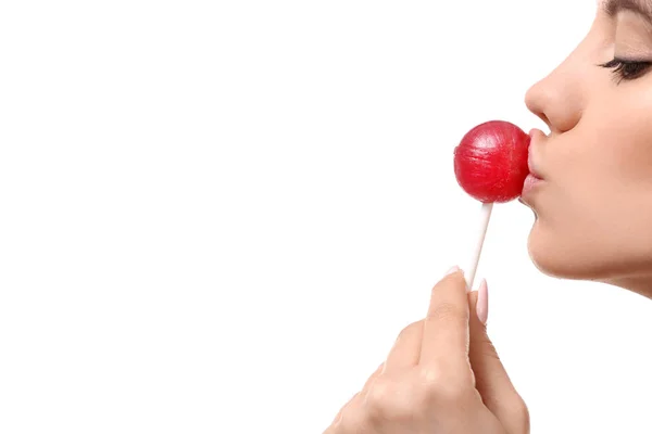 Young Woman Lollipop White Background — Stock Photo, Image