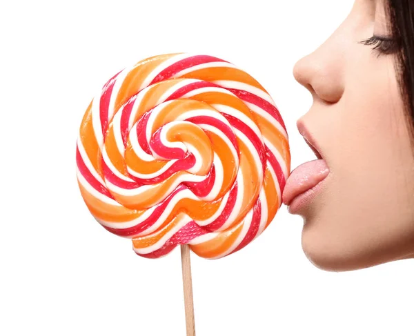Young Woman Lollipop White Background — Stock Photo, Image