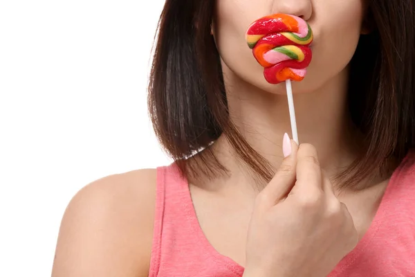 Ung Kvinna Med Lollipop Vit Bakgrund Närbild — Stockfoto