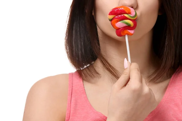 Beyaz Arka Planda Closeup Lolipop Olan Kadın — Stok fotoğraf