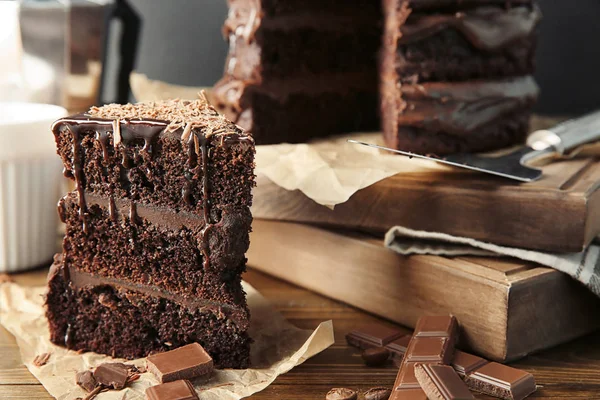 Piece Tasty Chocolate Cake Wooden Table — Stock Photo, Image