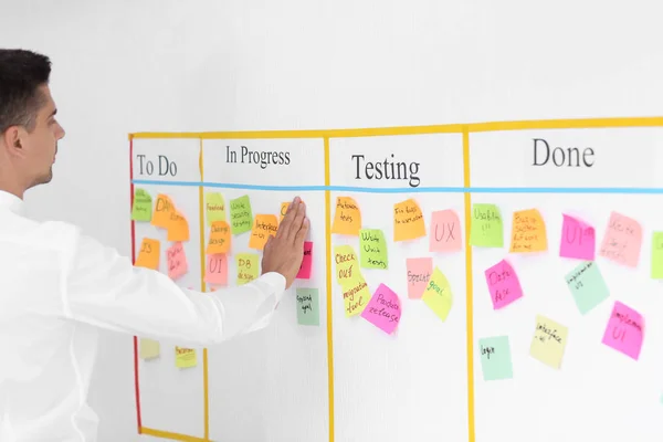 Man Attaching Sticky Note Scrum Task Board Office — Stock Photo, Image