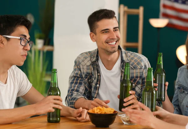 Group Cheerful Friends Drinking Beer Bar — Stock Photo, Image