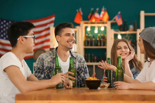 Group Cheerful Friends Drinking Beer Bar — Stock Photo, Image