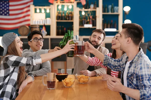 Group Cheerful Friends Drinking Beer Bar — Stock Photo, Image