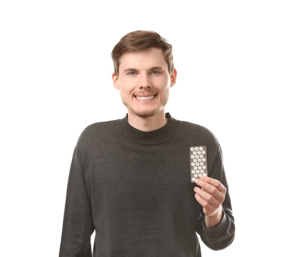 Young Man Pills White Background Allergy Concept — Stock Photo, Image