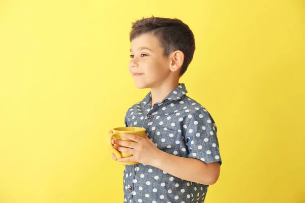 Cute Little Boy Cup Hot Cocoa Drink Color Background — Stock Photo, Image