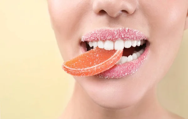 Beautiful Young Woman Creative Makeup Marmalade Mouth Color Background Closeup Royalty Free Stock Photos