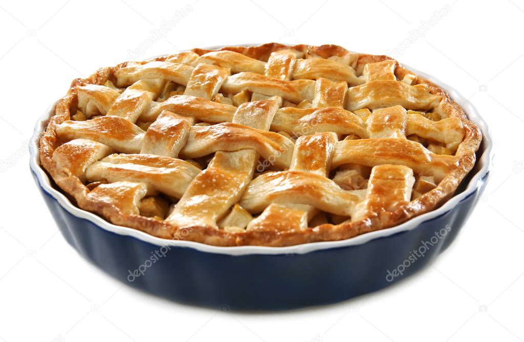 Tasty homemade apple pie on white background