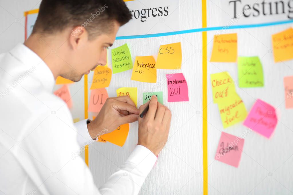 Man writing on sticky note attached to scrum task board in office