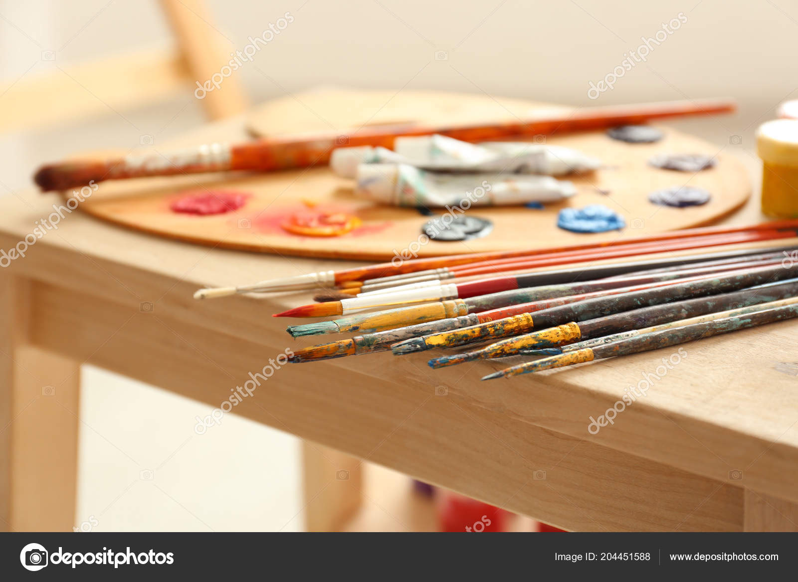 Brushes Professional Artist Wooden Table Closeup Stock Photo
