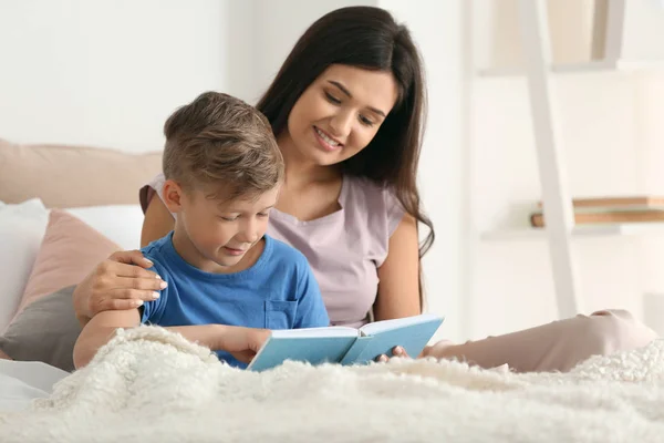 Mother Her Son Reading Book Together Home — Stock Photo, Image