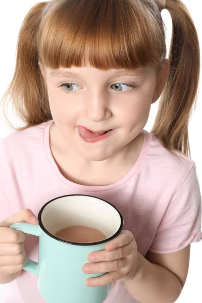 Linda Niña Con Taza Bebida Cacao Caliente Sobre Fondo Blanco — Foto de Stock