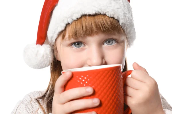 Menina Bonito Chapéu Santa Com Xícara Bebida Cacau Quente Fundo — Fotografia de Stock