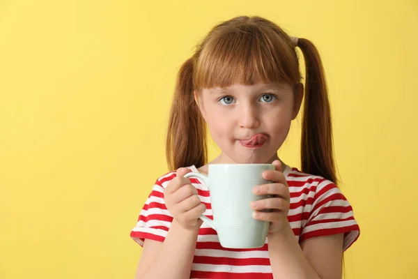 Cute Little Girl Cup Hot Cocoa Drink Color Background — Stock Photo, Image