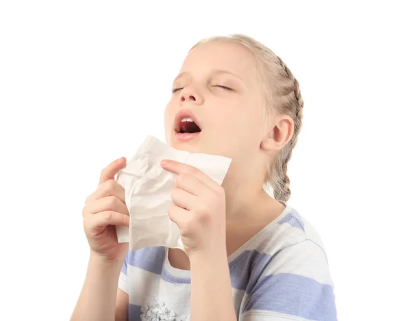 Menina Com Limpador Nariz Fundo Branco Conceito Alergia — Fotografia de Stock