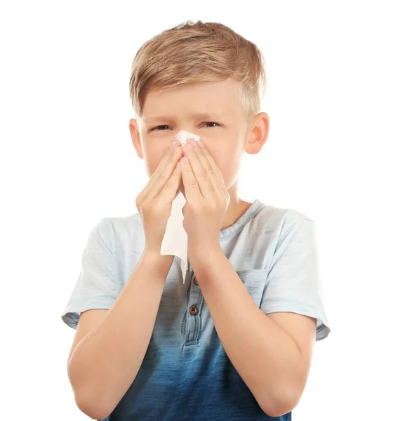 Petit Garçon Avec Essuie Nez Sur Fond Blanc Concept Allergie — Photo