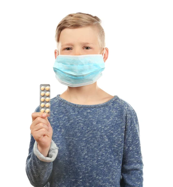 Little Boy Protective Mask Holding Pills White Background Allergy Concept — Stock Photo, Image