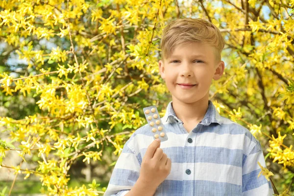 Little Boy Pills Blooming Tree Allergy Concept — Stock Photo, Image