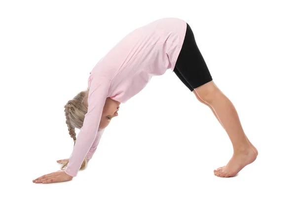 Little Girl Practicing Yoga White Background — Stock Photo, Image