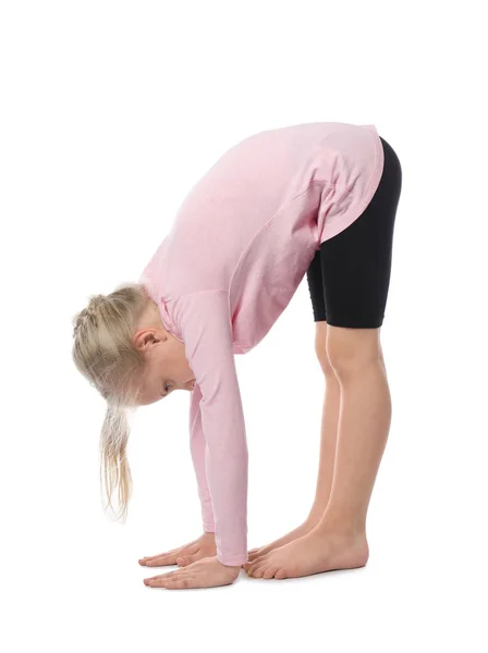 Little Girl Practicing Yoga White Background — Stock Photo, Image