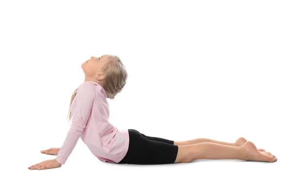 Liten Flicka Utövar Yoga Vit Bakgrund — Stockfoto