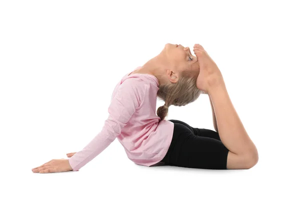 Liten Flicka Utövar Yoga Vit Bakgrund — Stockfoto
