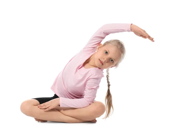 Petite Fille Pratiquant Yoga Sur Fond Blanc — Photo