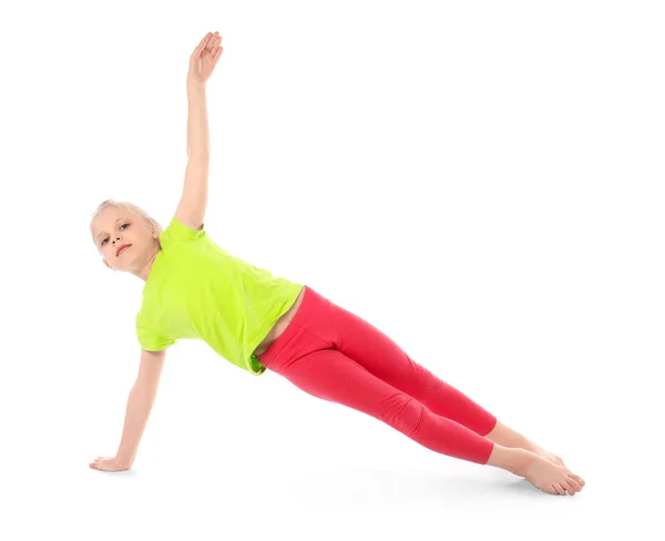 Little Girl Practicing Yoga White Background — Stock Photo, Image