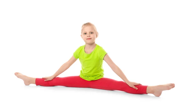 Petite Fille Pratiquant Yoga Sur Fond Blanc — Photo