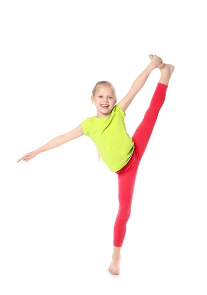 Kleines Mädchen Praktiziert Yoga Auf Weißem Hintergrund — Stockfoto