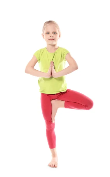 Liten Flicka Utövar Yoga Vit Bakgrund — Stockfoto