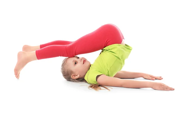 Liten Flicka Utövar Yoga Vit Bakgrund — Stockfoto