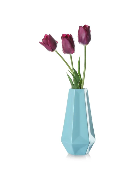 Vase Beautiful Tulips White Background — Stock Photo, Image