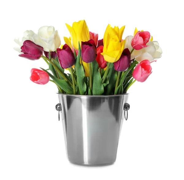 Vase Beautiful Tulips White Background — Stock Photo, Image