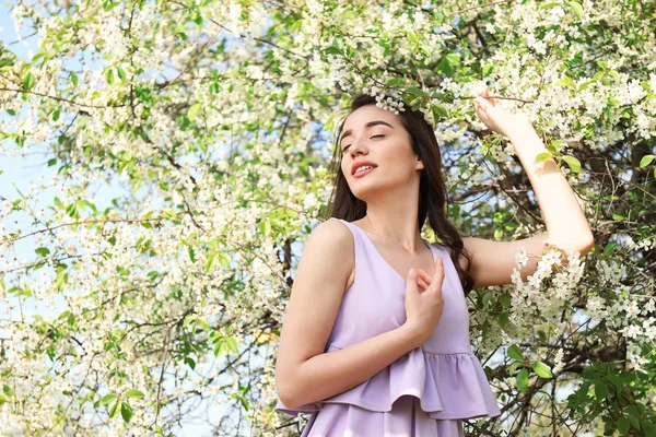 Güneşli Bahar Gününde Çiçek Açması Tree Yakınındaki Güzel Genç Kadın — Stok fotoğraf