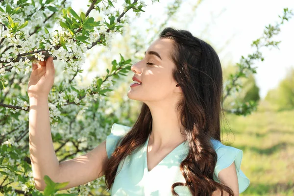 Güneşli Bahar Gününde Çiçek Açması Tree Yakınındaki Güzel Genç Kadın — Stok fotoğraf