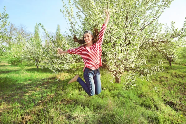 Active Young Woman Blossoming Tree Sunny Spring Day — Stock Photo, Image