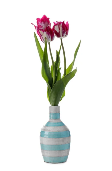 Ваза Красивыми Тюльпанами Белом Фоне — стоковое фото
